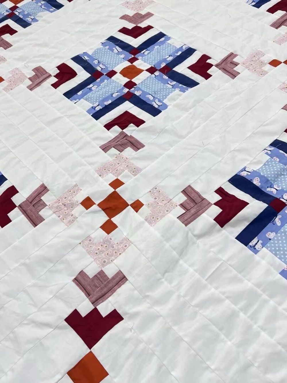 Handmade Holiday Log Cabin Patchwork Cotton fabric Queen size Quilt Top/Topper - Picture 3 of 4